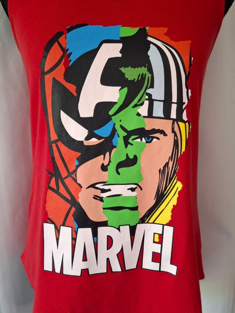 Marvel Superhero Red High-Low Tank Top with Sheer Comic Book Panel Sz S